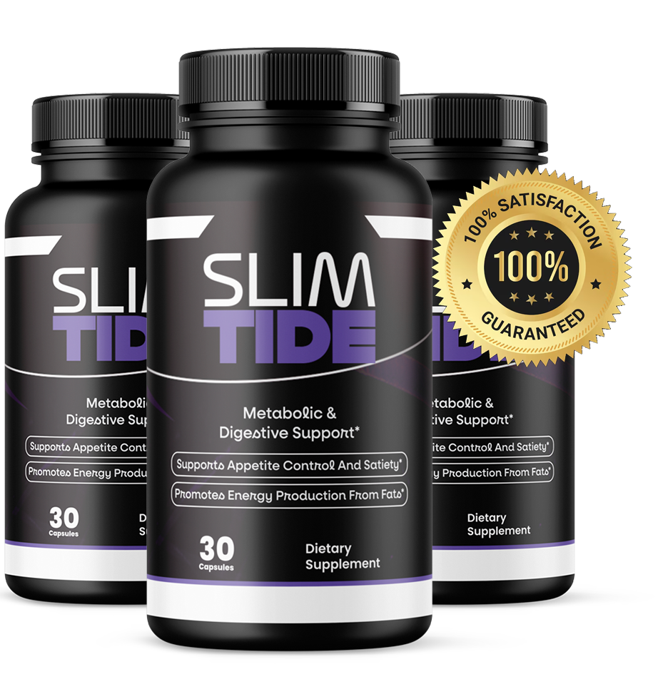Three bottles of SlimTide metabolic and digestive support capsules with a 100% satisfaction guaranteed seal