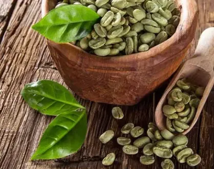 Green coffee beans in a wooden bowl