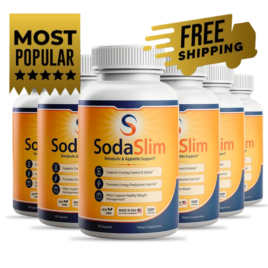 Sei flaconi di capsule SodaSlim, immagine ufficiale del produttore con etichetta statunitense